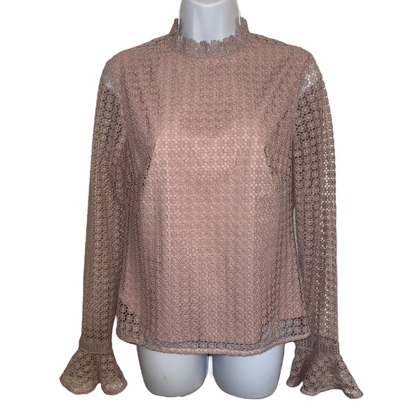 RACHAEL‎ PARCELL Genevieve Dusty Pink Lace Mock Neck Bell Sleeve Top NWOT Small - Picture 2 of 9